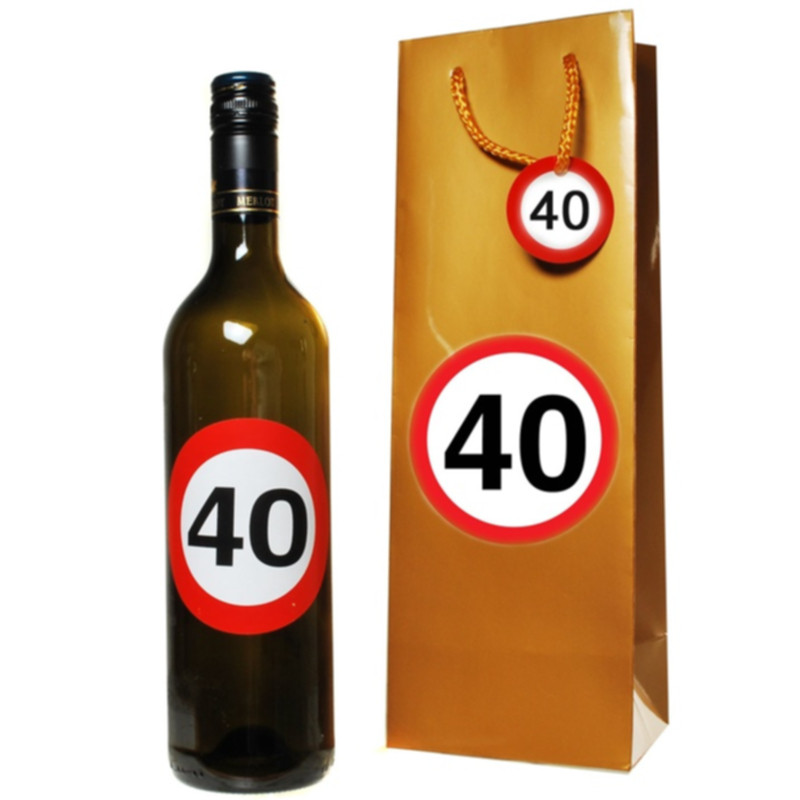 Udo Schmidt Flaschen-Tasche 40 mit 2 Aufklebern stabile Geschenktasche aus Pappe zum 40 Geburtstag Lieferung ohne Flasche